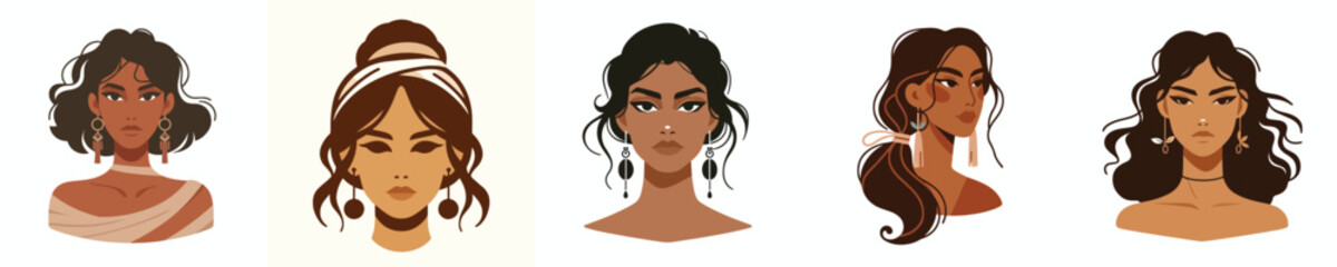 Avatar face of woman with tied hair wearing long earrings, white skin, elegant expression