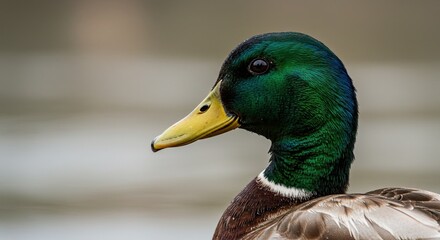 Obraz premium Close-up shot of a male mallard duck with iridescent green head and yellow beak.