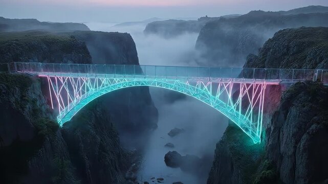 Misty, neon-lit bridge spanning a chasm between jagged cliffs
