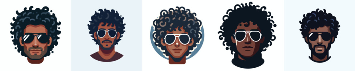 Avatar face of a curly haired man wearing aviator glasses, dark skin, relaxed expression