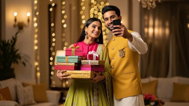 happy couple taking selfie  on diwali festival white holding gift boxes in hand