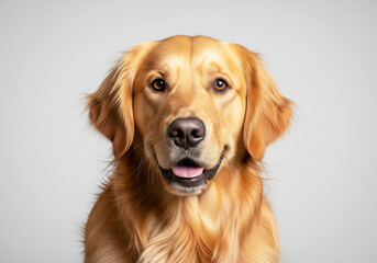 Obraz premium A stunning studio portrait of a purebred Golden Retriever looking directly at the camera with a happy expression, isolated on a clean gradient background
