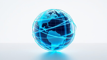 A blue globe with a glowing effect shows lines connecting different continents. The backdrop is minimalistic, emphasizing themes of technology and global unity