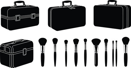 Makeup brush set, cosmetic storage cases, beauty tools, professional vanity kits, fashion accessories, travel organizer, vector illustration