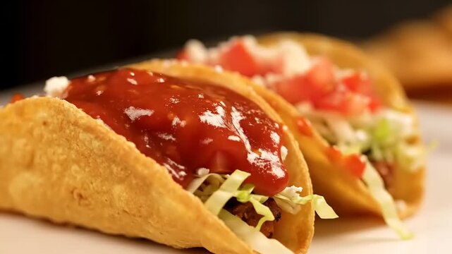 A delicious close-up of freshly prepared hard-shell tacos, showcasing savory fillings, zesty red sauce, and fresh vegetables on a dark background
