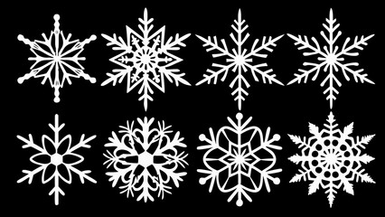Collection of eight unique white snowflake designs on a black background
