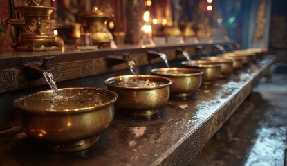Bronze bowls of flowing water, likely for religious cleansing, in a temple