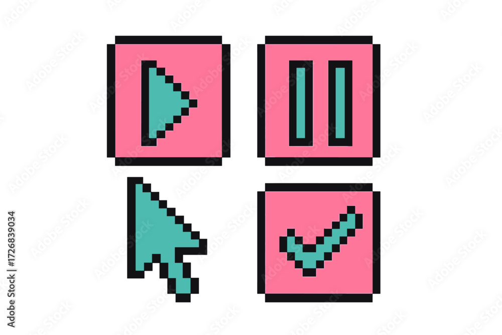 Poster colorful graphic buttons representing play, pause, cursor, and checkmark in pixel art style