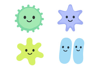 Cute cartoon germs and bacteria in bright colors with smiling faces in a playful design for kids
