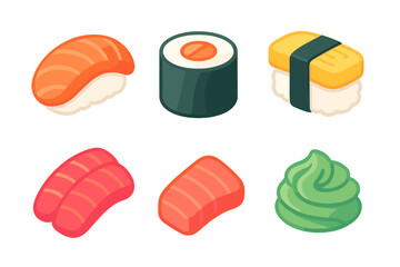 Colorful sushi varieties displayed with details of different types and flavors at a sushi restaurant setting