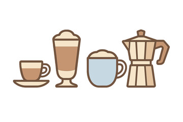 Various coffee drinks and equipment displayed in a simple and playful illustration style