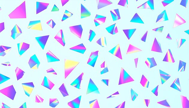 Pastel holographic geometric shapes scattered on light blue background