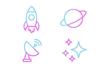 Colorful space-themed icons featuring a rocket, planet, satellite dish, and stars in pastel tones