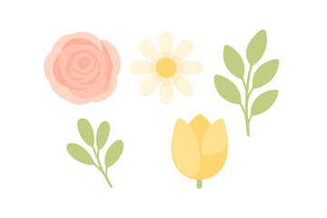 Colorful floral elements with a pink rose, yellow tulip, white daisy, and green leaves on a plain background