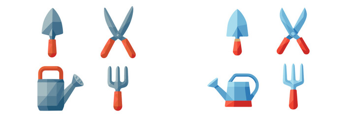 Gardening tools including watering can, trowels, and shears in geometric design on a clean white background for gardening activities