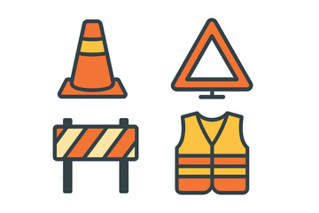 Traffic safety symbols including cones, signs, barriers, and vests for roadwork and construction zones
