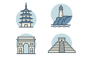 Famous landmarks featuring a pagoda, lighthouse, arch, and pyramid showcasing architectural diversity from around the world