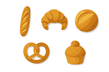 Assortment of baked goods shaped in yellow, showcasing bread, croissant, pretzel, and cupcake designs on a white background