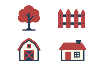 Illustrations of rural elements including a tree, fence, barn, and house in a simple design style © icon_art