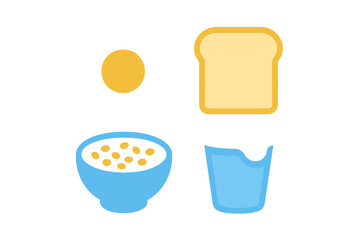 Breakfast items arranged with bright colors and simple design showcasing a bowl of cereal, bread slice, and milk