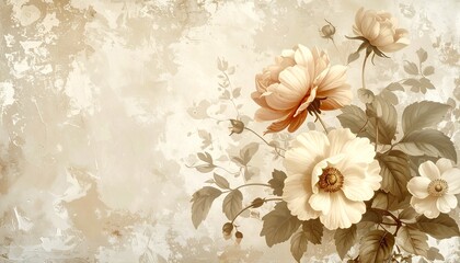 Vintage floral wallpaper in beige tones, antique botanical style