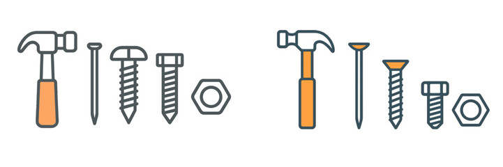 Tools for construction and repair displayed on a simple background showcasing various types of fasteners and hammers