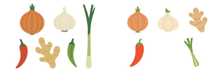 Cooking ingredients displayed with different types of vegetables and spices on a simple white background