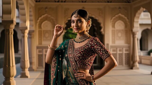 Young beautiful indian woman in lehenga choli standing at royal palace 