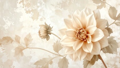 Vintage floral wallpaper in beige tones, antique botanical style