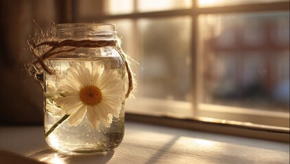 A single white daisy in a glass jar, sunlight streaming through a window