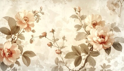 Vintage floral wallpaper in beige tones, antique botanical style