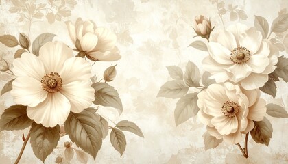 Vintage floral wallpaper in beige tones, antique botanical style