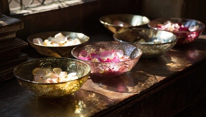Fototapeta premium Rose petals in small, ornate bowls, sunlight filtering through a window