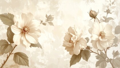 Vintage floral wallpaper in beige tones, antique botanical style