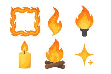 Collection of decorative flame and fire elements in vibrant orange tones for creative designs