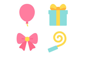 Colorful party decorations including balloons, gifts, and bows for a festive celebration