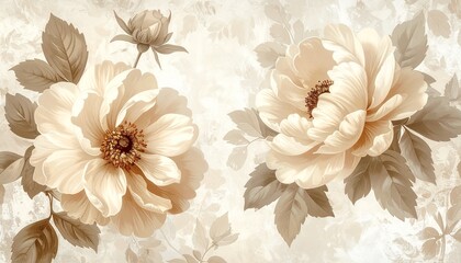 Vintage floral wallpaper in beige tones, antique botanical style