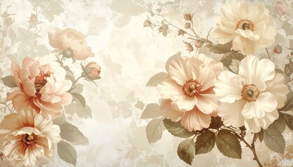 Vintage floral wallpaper in beige tones, antique botanical style