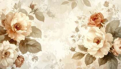 Vintage floral wallpaper in beige tones, antique botanical style