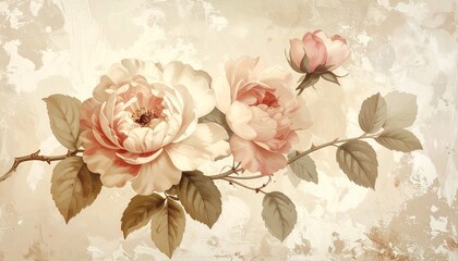 Vintage floral wallpaper in beige tones, antique botanical style