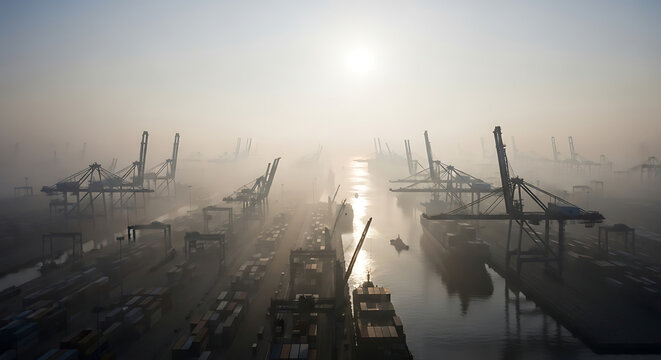 Foggy morning aerial view of cargo port - Powered by Adobe