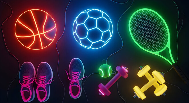 Dynamic neon sports gear illuminates a vibrant collection of basketball, soccer, tennis racquet, dumbbells, and sneakers, perfect for fitness advertising.