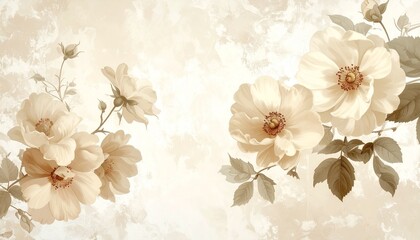 Vintage floral wallpaper in beige tones, antique botanical style