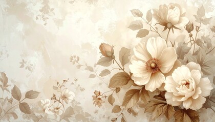 Vintage floral wallpaper in beige tones, antique botanical style