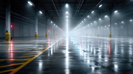Empty Industrial Warehouse Interior with Wet Floor and Striped Columns under Bright White Lights