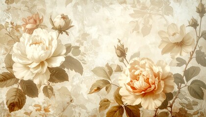 Vintage floral wallpaper in beige tones, antique botanical style