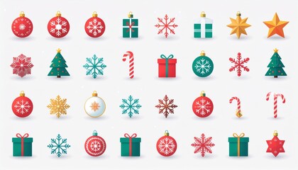 A collection of flat Christmas themed icons, including ornaments, snowflakes, gift boxes, candy canes, and Christmas trees.