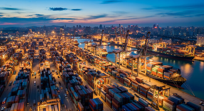 Aerial view of cargo port with adjacent city skyline