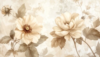 Vintage floral wallpaper in beige tones, antique botanical style