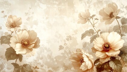 Vintage floral wallpaper in beige tones, antique botanical style